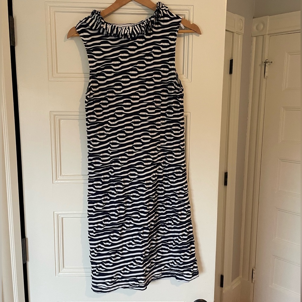 Navy and White Striped Dress With Ruffle Neckline - Picture 2 of 5